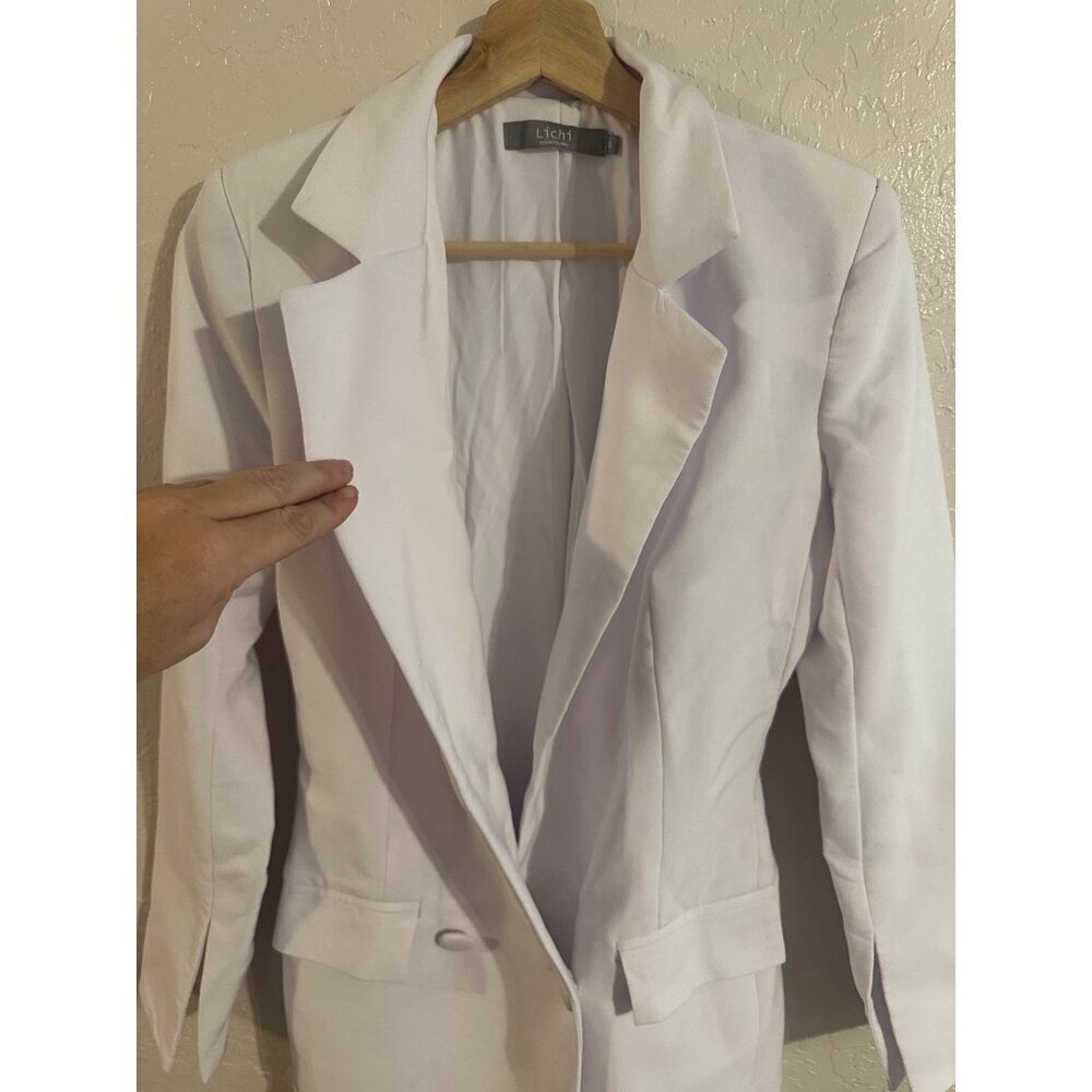 Y Lichi White Cotton Two Button Plunge V Neck Long Blazer Professional Dress - Picture 7 of 14